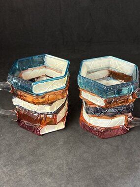 Handcrafted Glass Book Stack Coffee Mugs Colorful Stained Design Set of 2